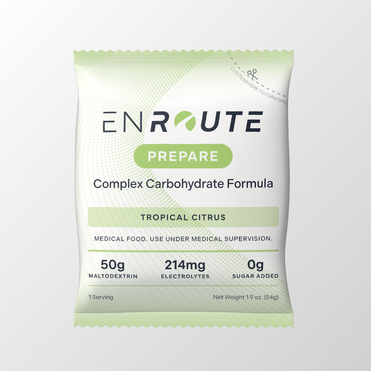 ENROUTE Prepare Complex Carbohydrate Formula in Tropical Citrus Flavor. Medical Food. Use under medical supervision. Contains 50g maltodextrin, 214mg electrolytes, 0g sugar added