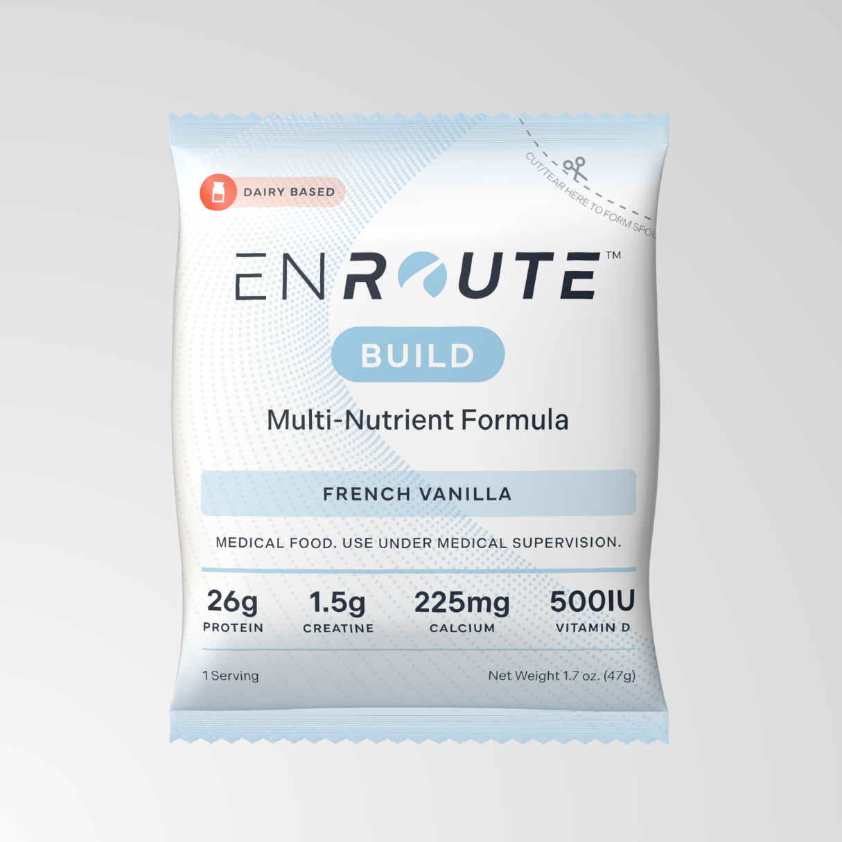 ENROUTE Build Multi-Nutrient Formula in French Vanilla Flavor. Medical Food. Use under medical supervision. Contains 26g protein, 1.5g creatine, 225mg calcium, 500IU vitamin D