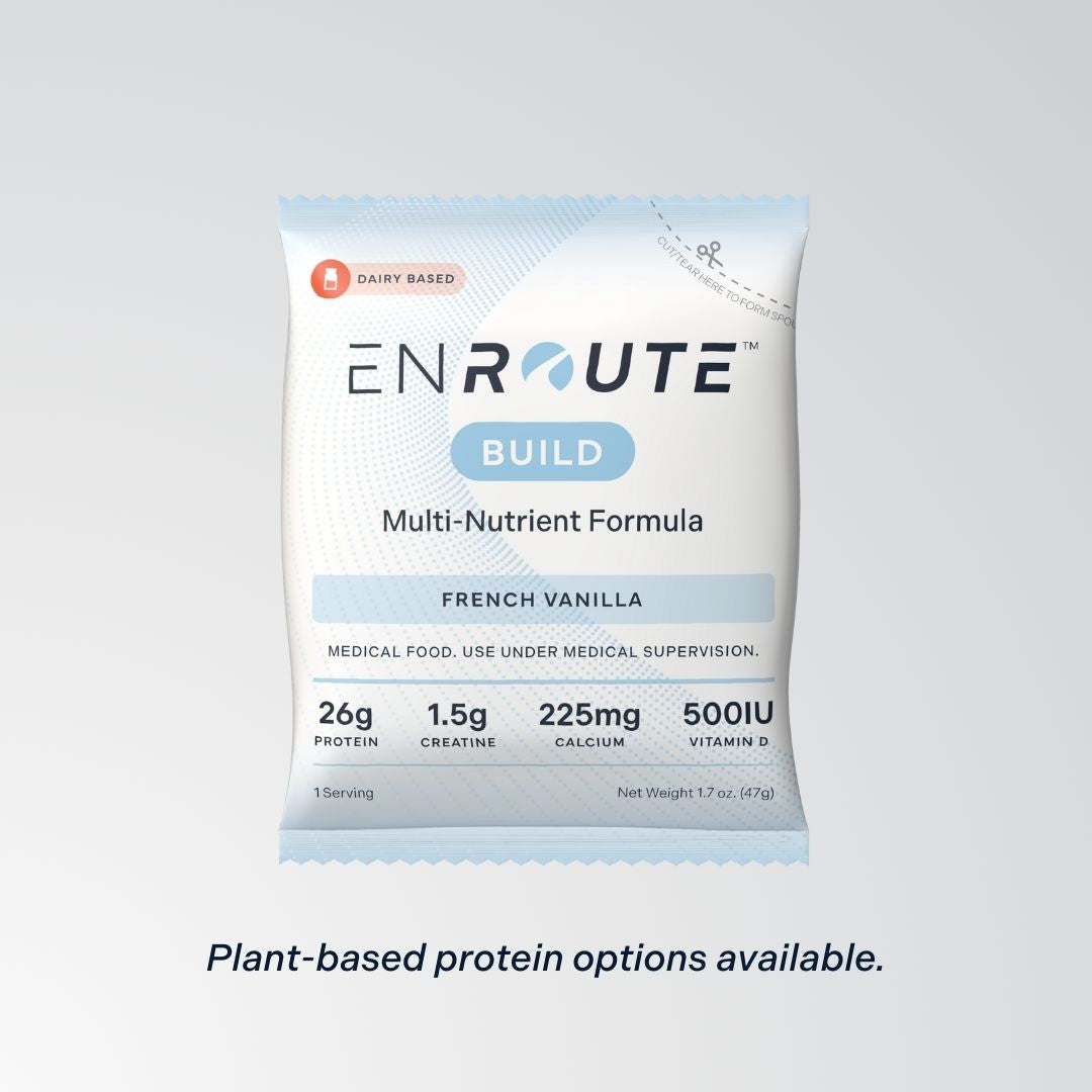 ENROUTE Build packaging: Multi-nutrient formula, French Vanilla flavor. Medical food. Use under medical supervision. 26g protein. 1.5g creatine. 225mg calcium, 500IU vitamin D. 1 serving. Net weight 1.7 oz. (47g)