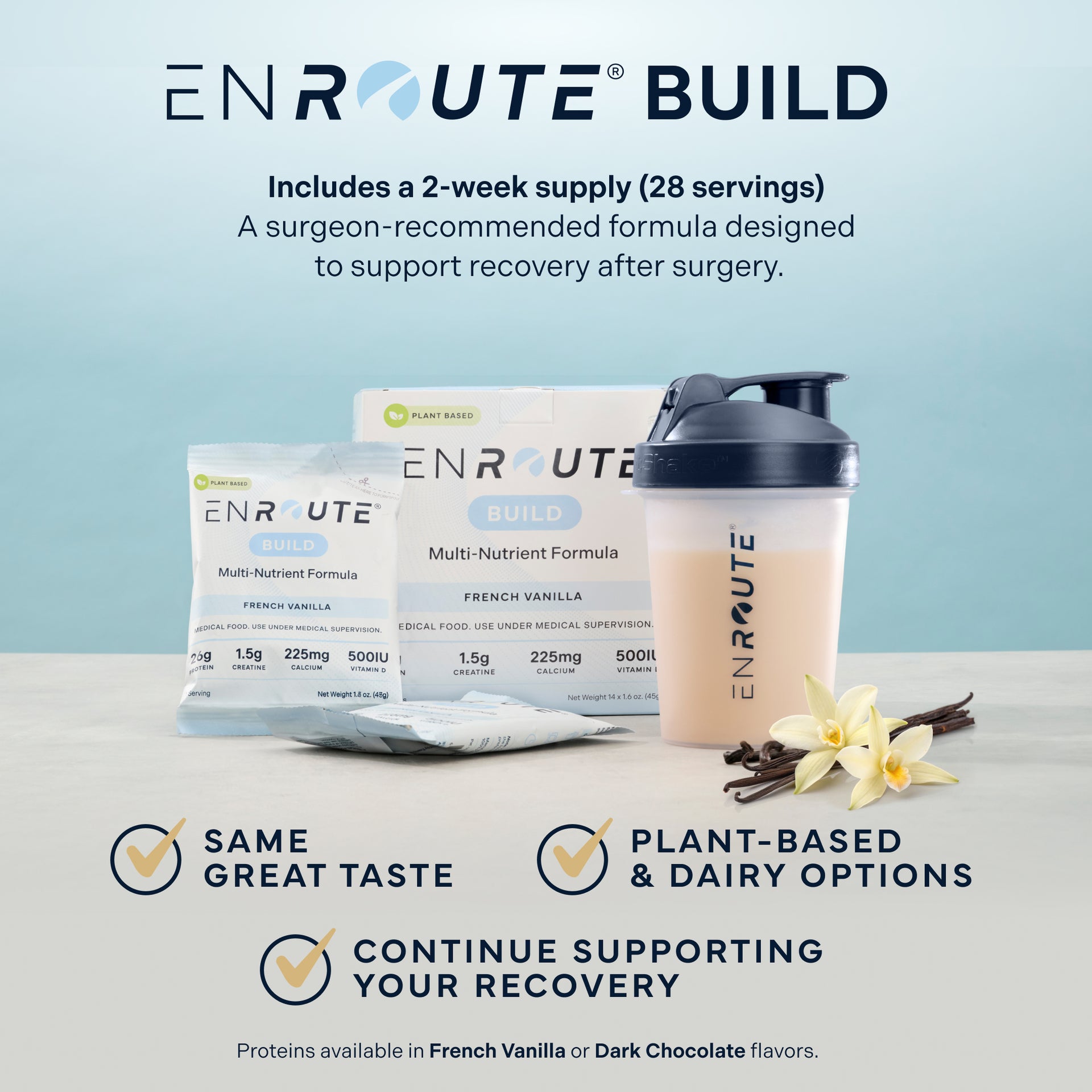 A surgeon recommended 2-weeks supply (28 servings) designed to help support recovery. Plant-Based and Dairy options.