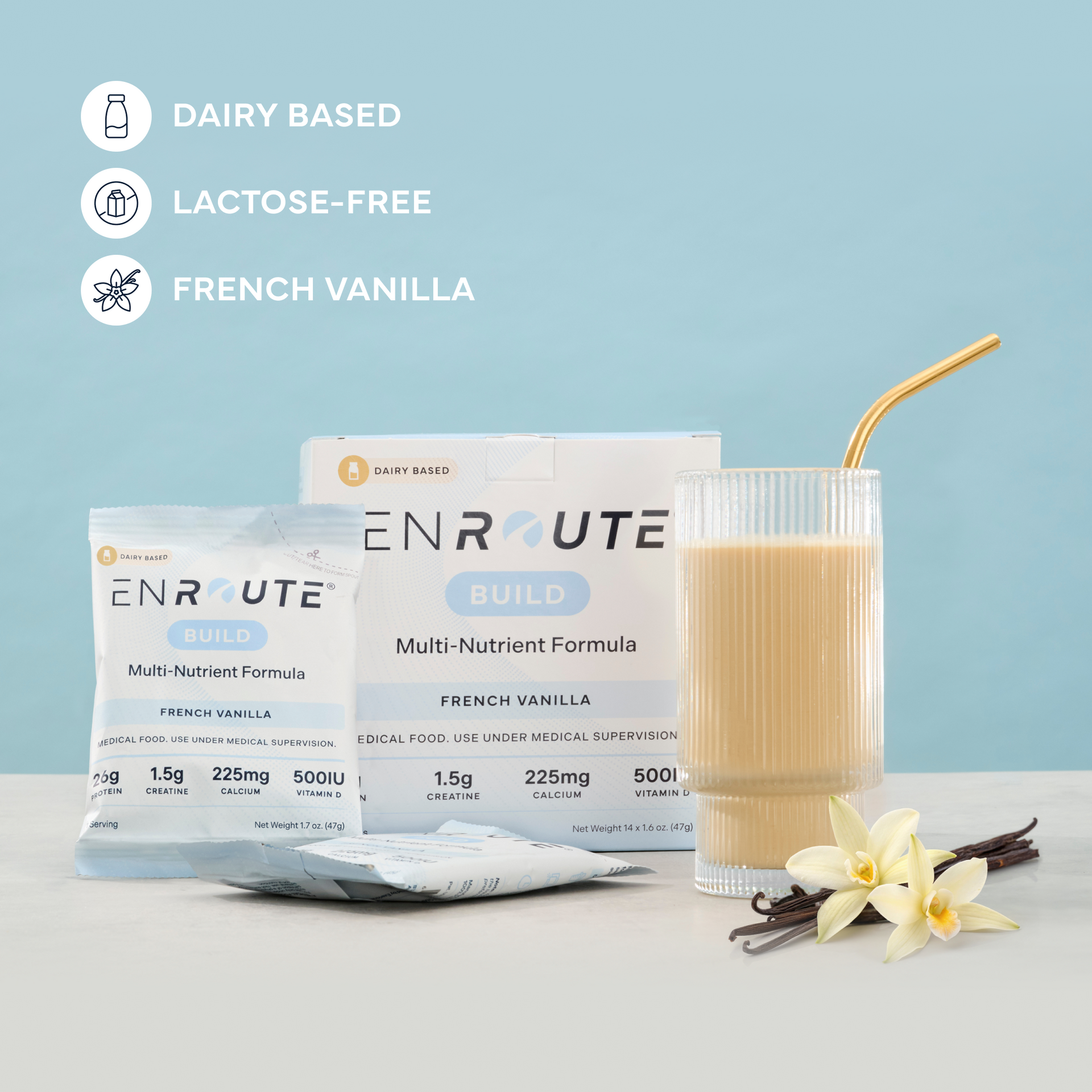 ENROUTE® Dairy Based French Vanilla lactose-free multi-nutrient formula packaging