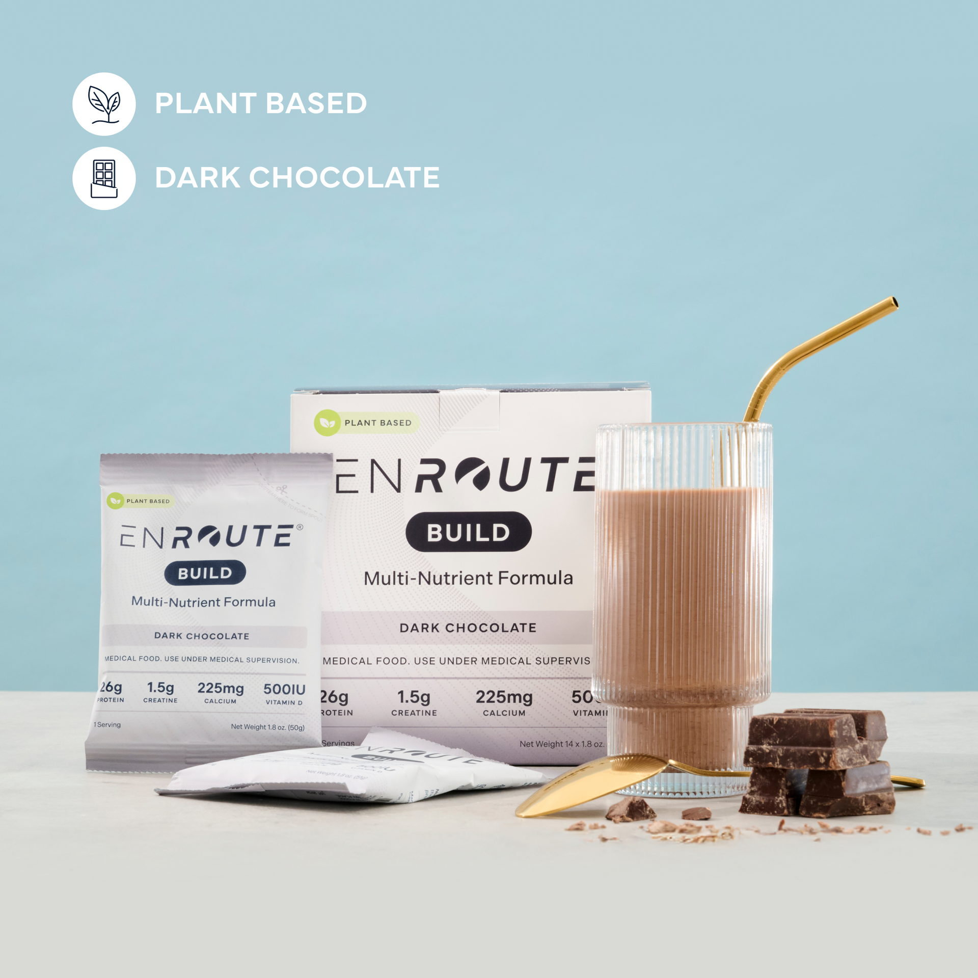 ENROUTE® Plant Based Dark Chocolate lactose-free multi-nutrient formula packaging