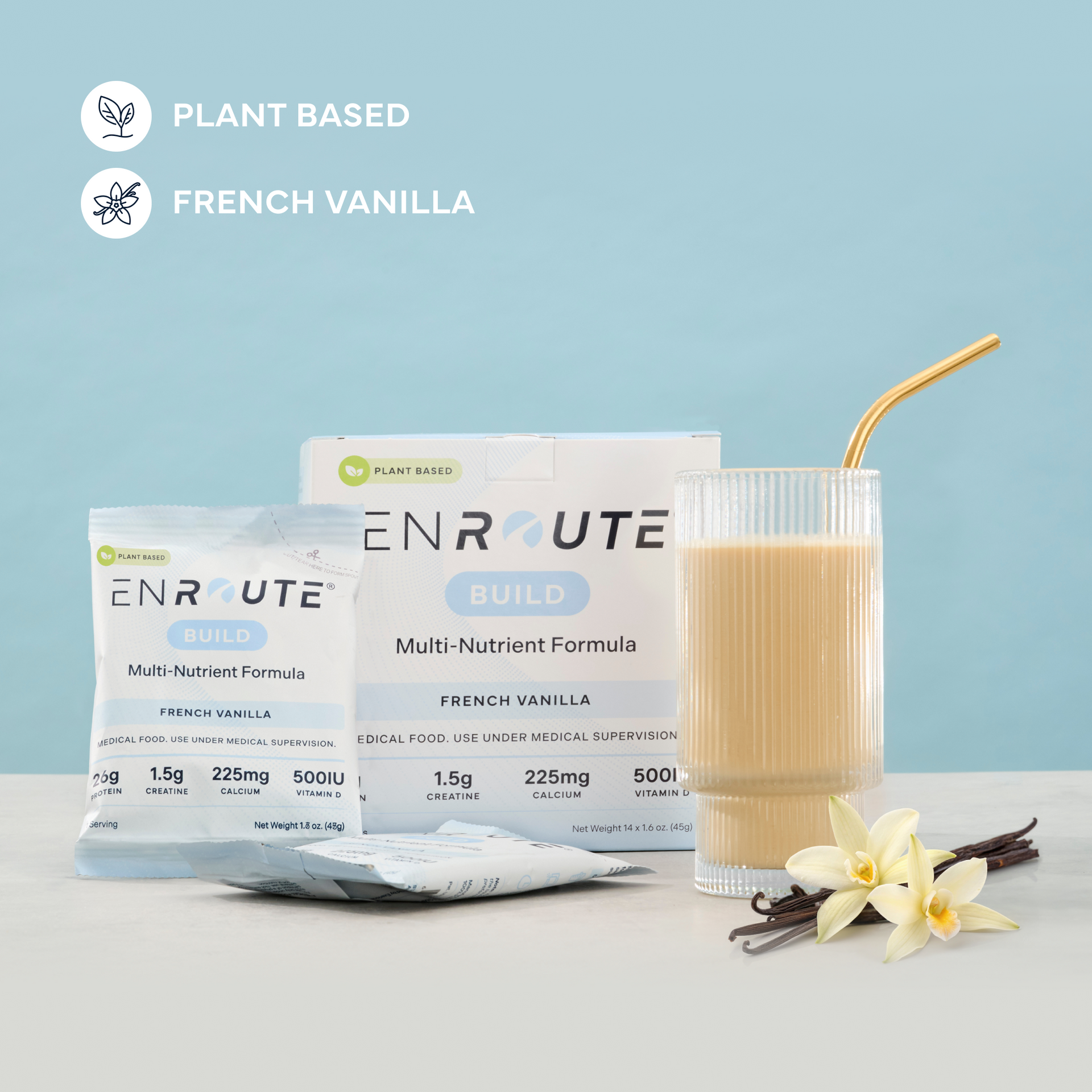 ENROUTE® Plant Based French Vanilla lactose-free multi-nutrient formula packaging