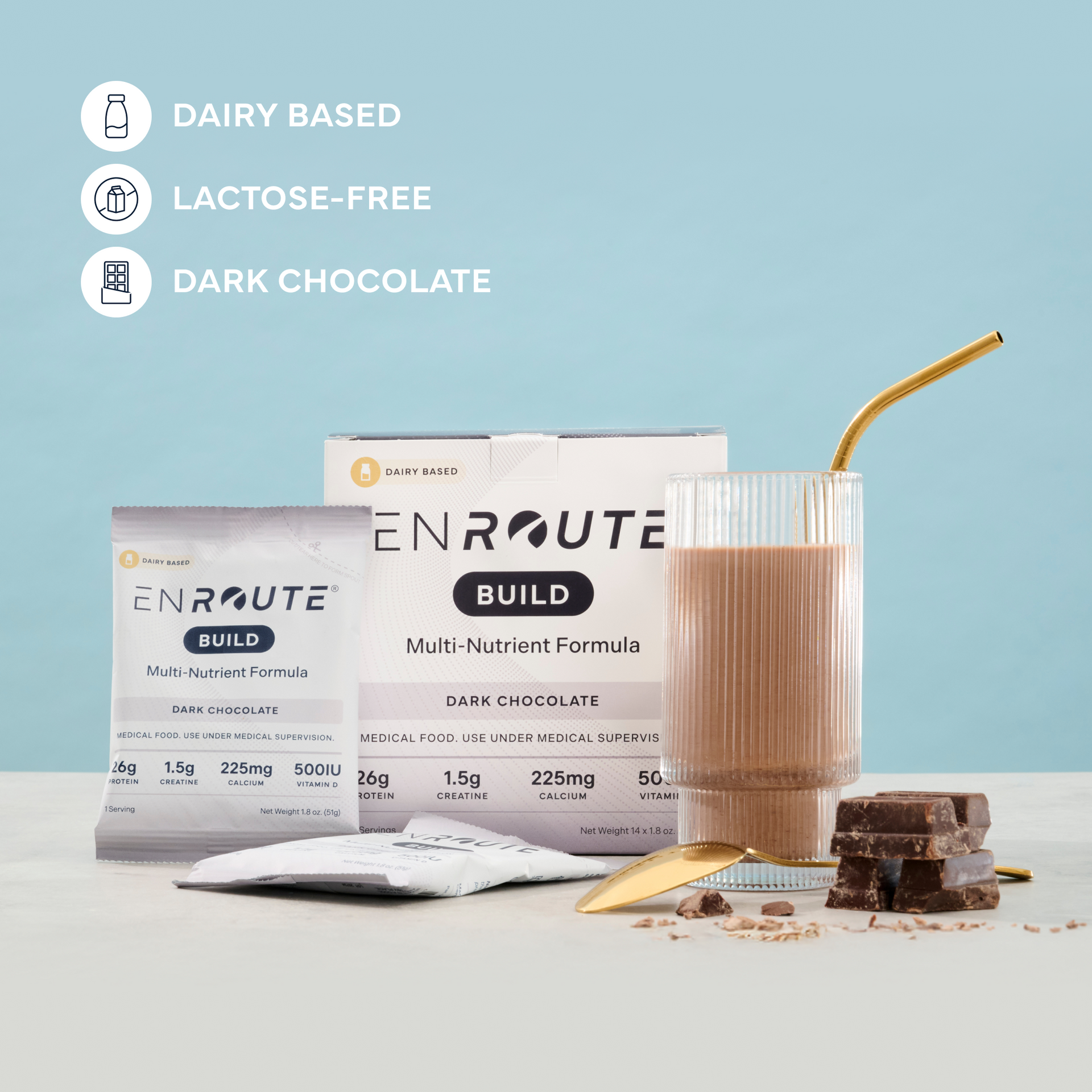 ENROUTE® Dairy Based Dark Chocolate lactose-free multi-nutrient formula packaging