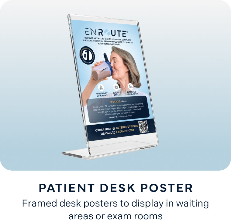 ENROUTE® patient desk poster with QR code and surgical nutrition program information.