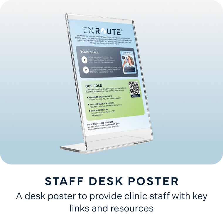 ENROUTE® staff desk poster with clinic links, support contacts, and patient resource information.
