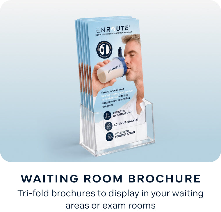 ENROUTE® waiting room brochure display — #1 surgeon-recommended surgical nutrition tri-fold brochures for clinic exam rooms and waiting areas